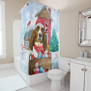 Basset Hound Dog In snow Christmas Dog House  Shower Curtain