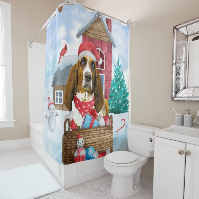Basset Hound Dog In snow Christmas Dog House  Shower Curtain (In Situ)