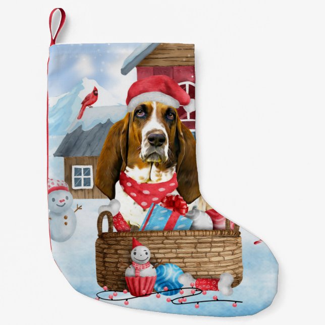 Basset Hound Dog In snow Christmas Dog House Small Christmas Stocking (Front)