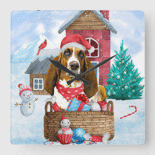 Basset Hound Dog In snow Christmas Dog House Square Wall Clock
