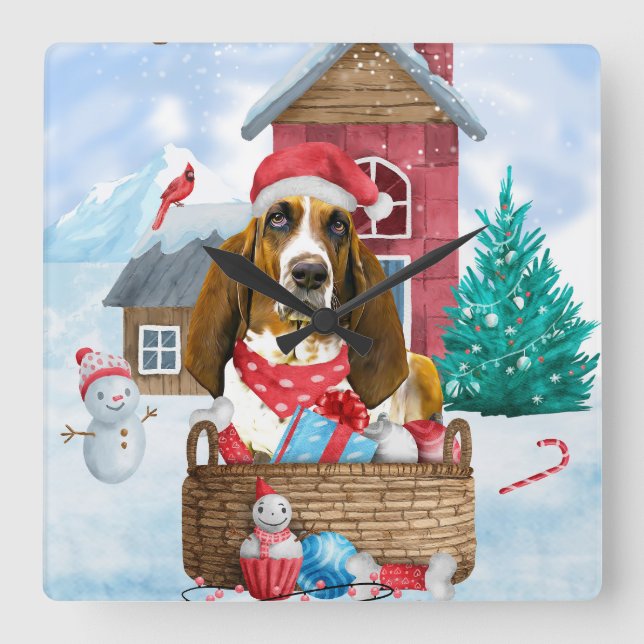 Basset Hound Dog In snow Christmas Dog House Square Wall Clock (Front)
