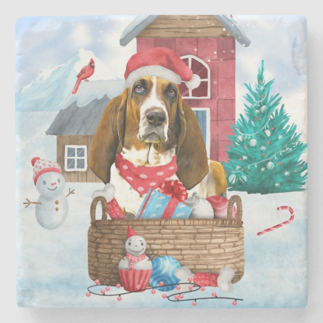Basset Hound Dog In snow Christmas Dog House Stone Coaster (Front)