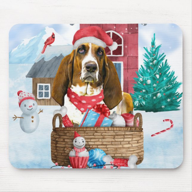 Basset Hound Dog In snow Christmas Mouse Mat (Front)