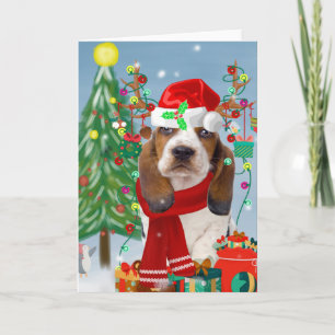 Basset Hound Dog in Snow with Christmas Gifts   Card