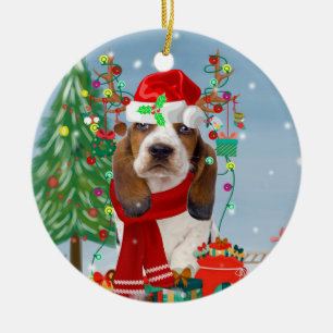 Basset Hound Dog in Snow with Christmas Gifts  Ceramic Tree Decoration