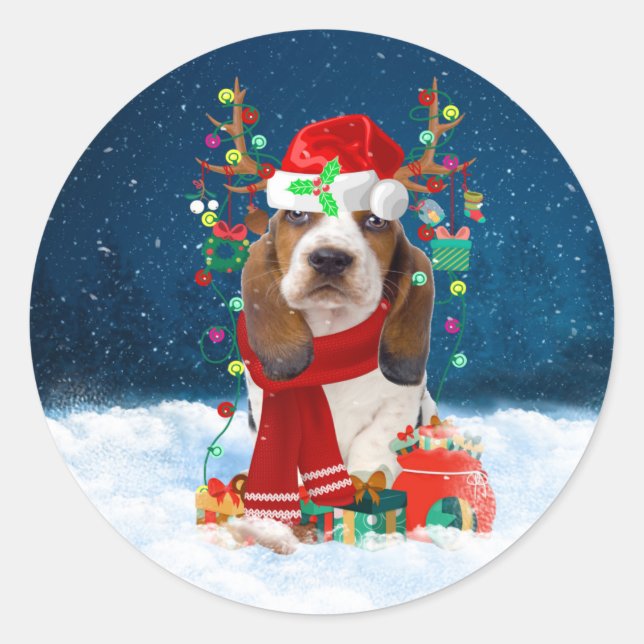 Basset Hound Dog in Snow with Christmas Gifts  Classic Round Sticker (Front)