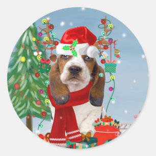 Basset Hound Dog in Snow with Christmas Gifts  Classic Round Sticker