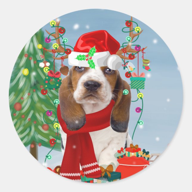 Basset Hound Dog in Snow with Christmas Gifts   Classic Round Sticker (Front)