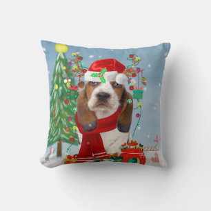 Basset Hound Dog in Snow with Christmas Gifts  Cushion