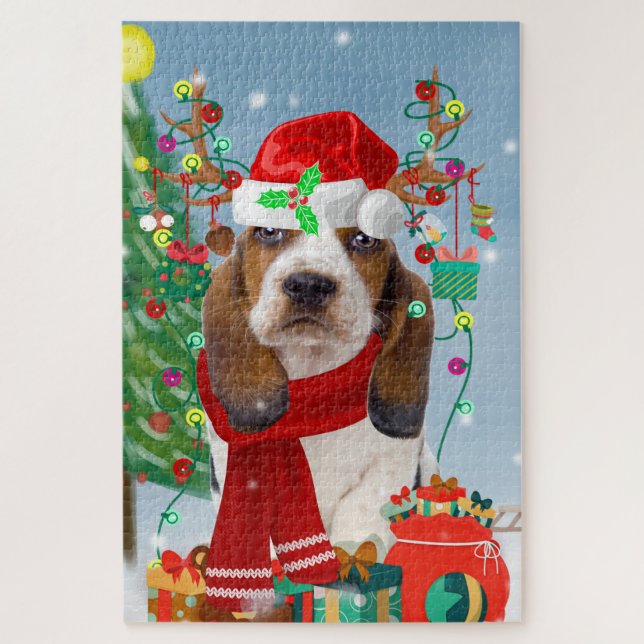 Basset Hound Dog in Snow with Christmas Gifts Jigsaw Puzzle (Vertical)