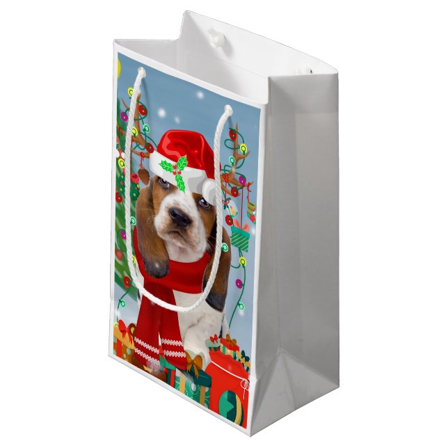Basset Hound Dog in Snow with Christmas Gifts   Small Gift Bag (Front Angled)
