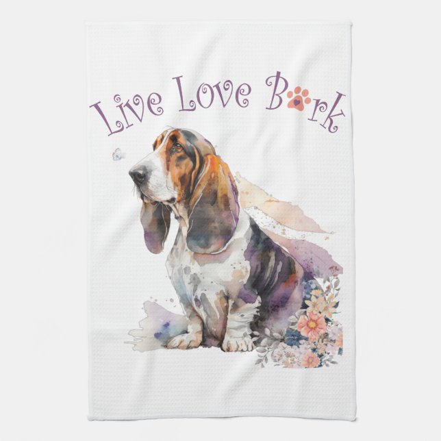Basset Hound Dog Mum Floral Tea Towel (Vertical)