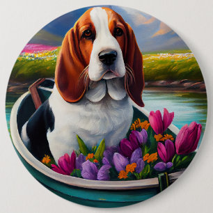 Basset Hound Dog on a Paddle: A Scenic Adventure 6 Cm Round Badge