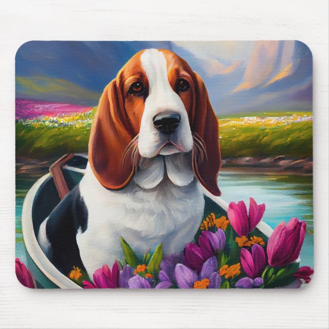 Basset Hound Dog on a Paddle: A Scenic Adventure Mouse Mat (Front)
