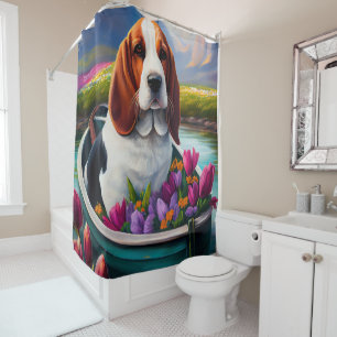 Basset Hound Dog on a Paddle: A Scenic Adventure Shower Curtain