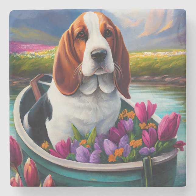 Basset Hound Dog on a Paddle: A Scenic Adventure Stone Coaster (Front)