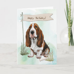 Basset Hound Dog Outdoors Under Birthday Sign Card