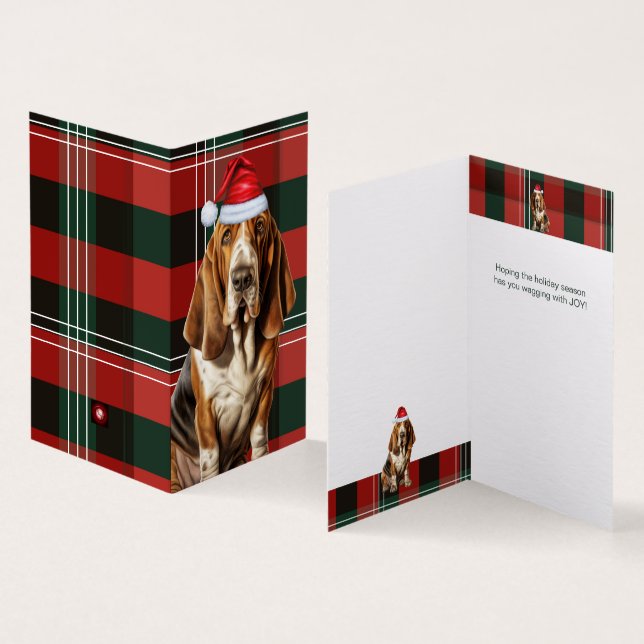 Basset Hound Dog Red and Green Plaid Holiday Card (Inside and Outside)