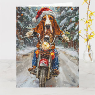 Basset Hound Dog Riding Motorcycle Christmas  Card