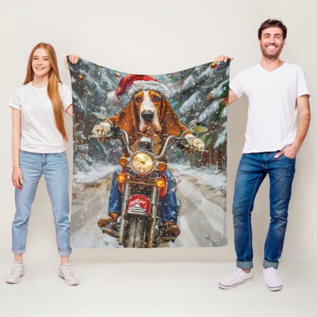 Basset Hound Dog Riding Motorcycle Christmas  Fleece Blanket (In Situ)