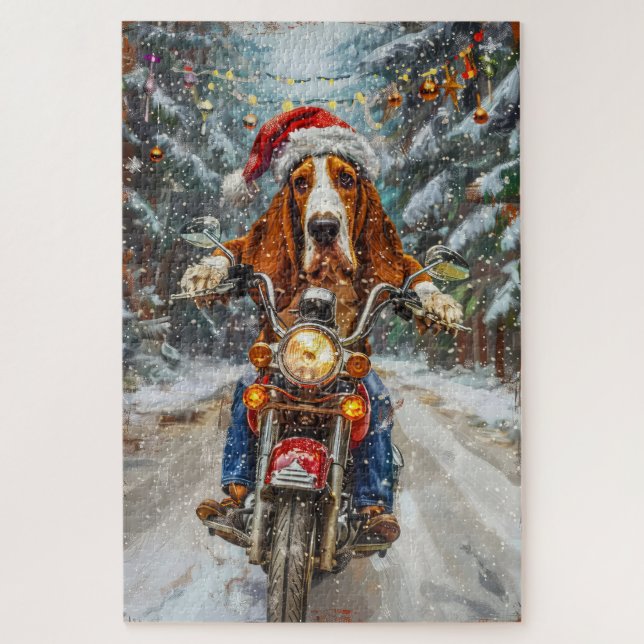 Basset Hound Dog Riding Motorcycle Christmas  Jigsaw Puzzle (Vertical)