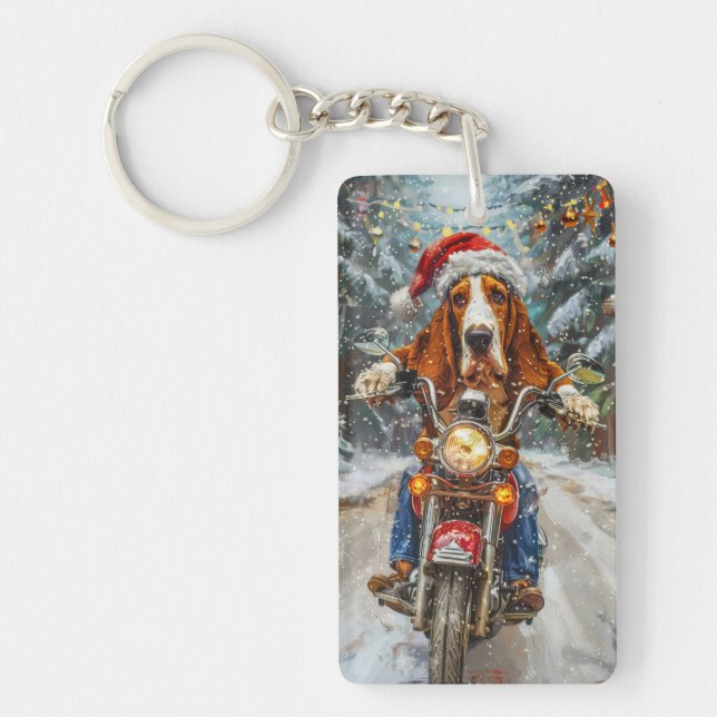 Basset Hound Dog Riding Motorcycle Christmas  Key Ring (Front)