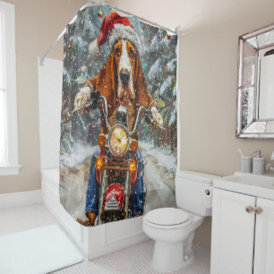 Basset Hound Dog Riding Motorcycle Christmas  Shower Curtain