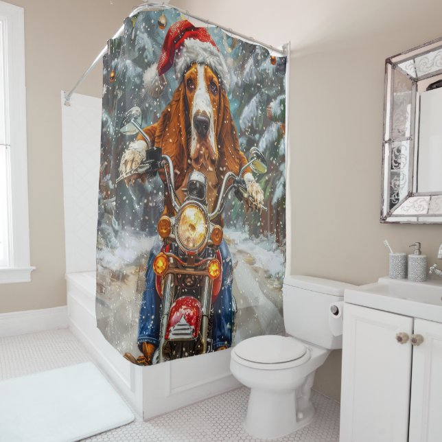 Basset Hound Dog Riding Motorcycle Christmas  Shower Curtain (In Situ)