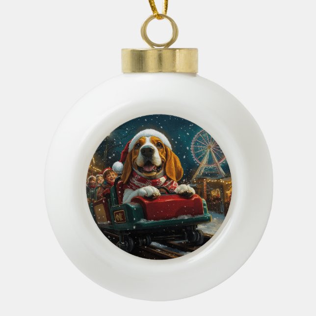 Basset Hound Dog Roller Coaster Christmas Ceramic Ball Christmas Ornament (Front)