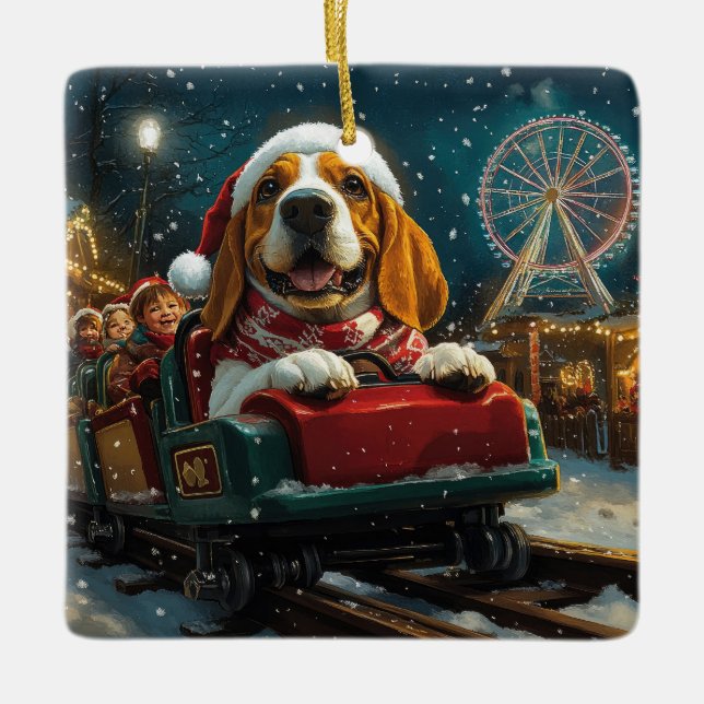 Basset Hound Dog Roller Coaster Christmas Ceramic Ornament (Front)