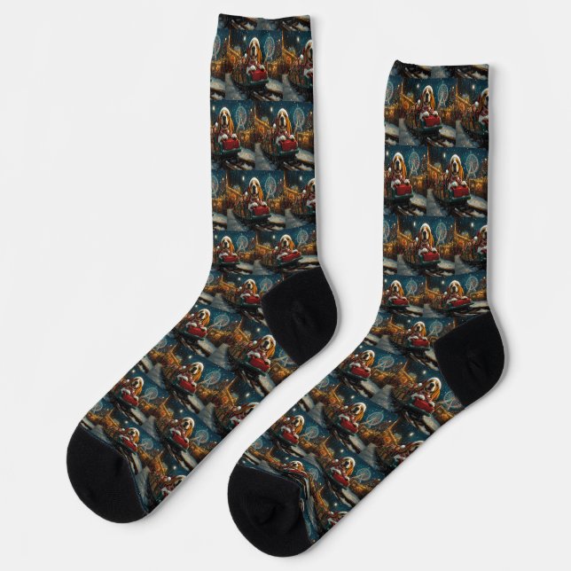 Basset Hound Dog Roller Coaster Christmas Socks (Left)