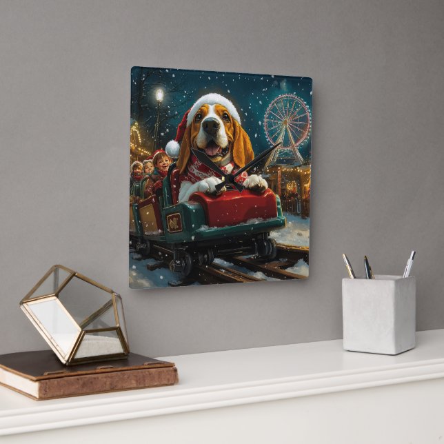 Basset Hound Dog Roller Coaster Christmas Square Wall Clock (Office)