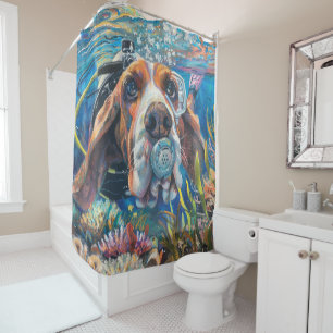 Basset Hound Dog Scuba Diving Underwater Shower Curtain