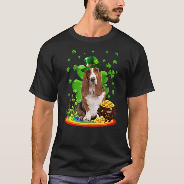 Basset Hound Dog Shamrock St Patricks Day Dog Iris T-Shirt (Front)