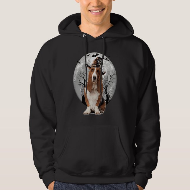 Basset Hound Dog Spooky Moon Halloween Costume Hoodie (Front)