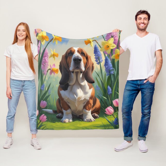 Basset Hound Dog Spring Flowers Painting  Fleece Blanket (In Situ)