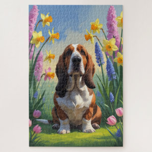 Basset Hound Dog Spring Flowers Painting Jigsaw Puzzle