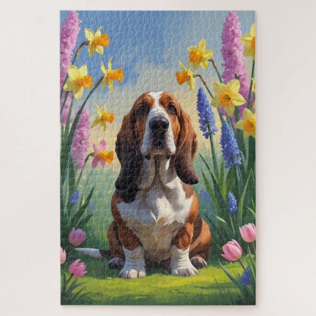 Basset Hound Dog Spring Flowers Painting  Jigsaw Puzzle (Vertical)