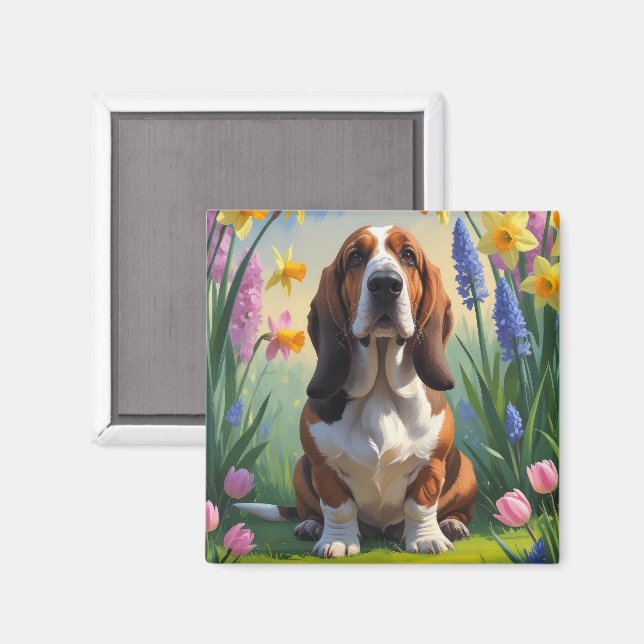 Basset Hound Dog Spring Flowers Painting  Magnet (Front/Back)
