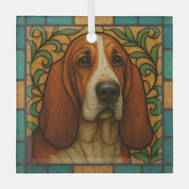 Basset Hound Dog "Stained Glass"  Glass Tree Decoration (Front)