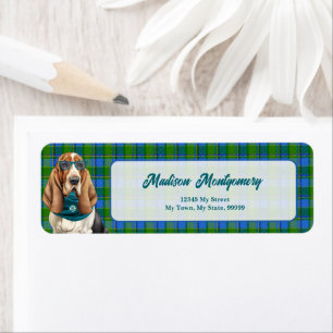 Basset Hound Dog Teal Plaid Monogrammed Address