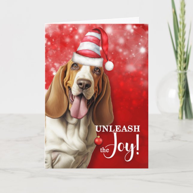 Basset Hound Dog Unleash the Joy Christmas Holiday Card (Front)