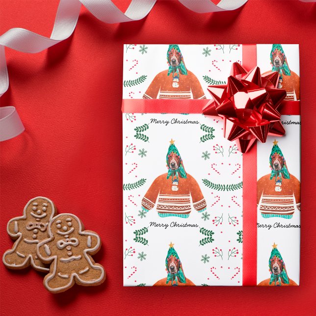 Basset Hound Dog Wearing Christmas Sweater Festive Wrapping Paper (Creator Uploaded)