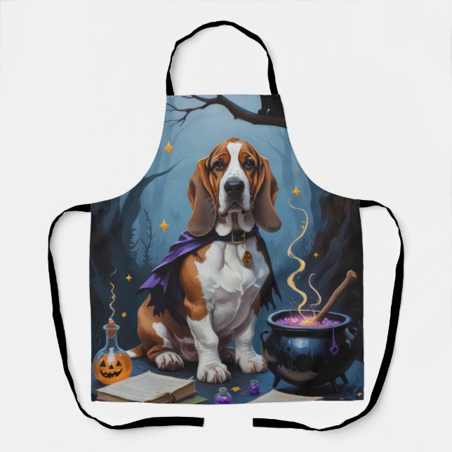 Basset Hound Dog Whimsical Halloween Painting Apron (Front)