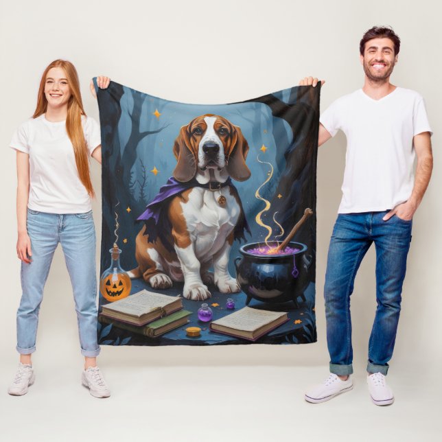 Basset Hound Dog Whimsical Halloween Painting Fleece Blanket (In Situ)