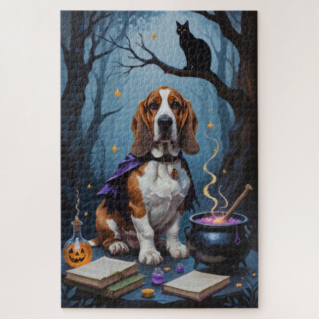 Basset Hound Dog Whimsical Halloween Painting Jigsaw Puzzle (Vertical)