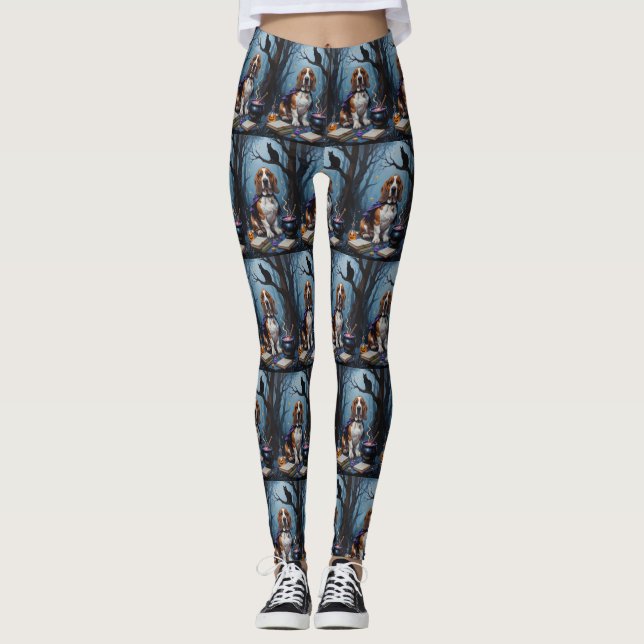 Basset Hound Dog Whimsical Halloween Painting Leggings (Front)