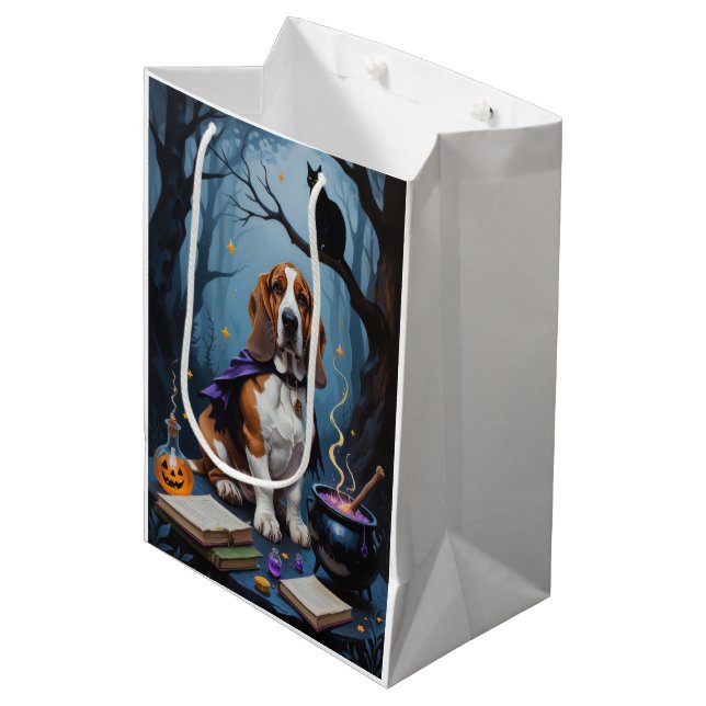 Basset Hound Dog Whimsical Halloween Painting Medium Gift Bag (Front Angled)