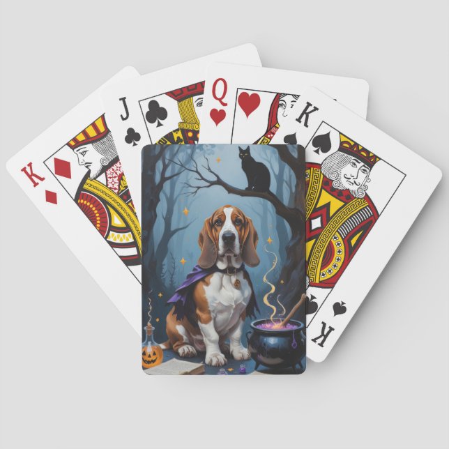 Basset Hound Dog Whimsical Halloween Painting Playing Cards (Back)