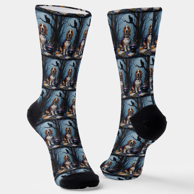 Basset Hound Dog Whimsical Halloween Painting Socks (Angled)